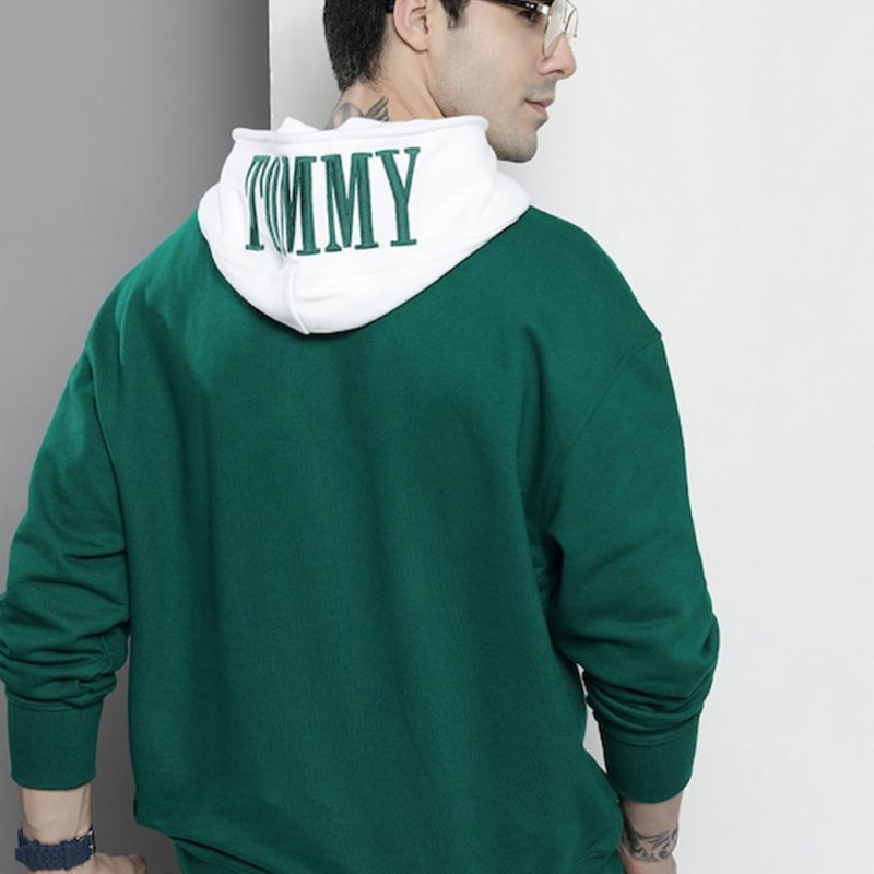 Men Green Brand Logo Applique Hooded Sweatshirt